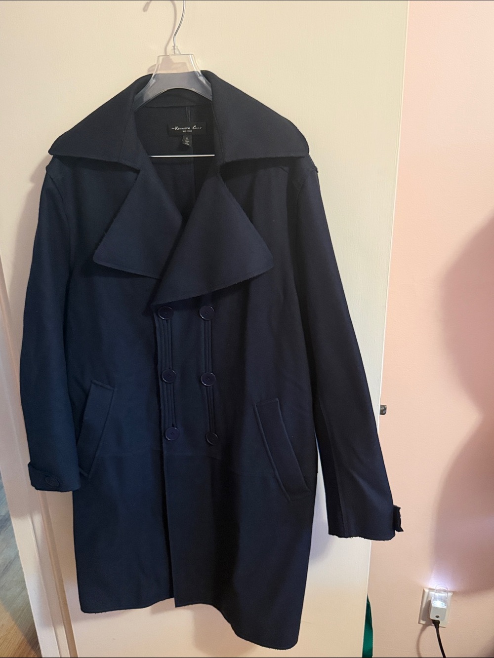 Kenneth Cole Men's Navy Double-Breasted Wool Blend Coat XL